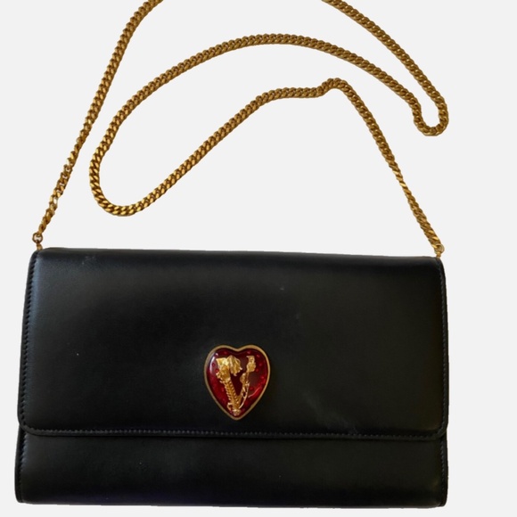 Versace Handbags - Authentic Vintage Versace Black Leather Handbag Red Heart Logo Gold Chain HTF